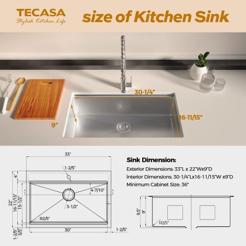 33 Inches  Kitchen Sink - Dual Mounted Undercounter Or Recessed Sink